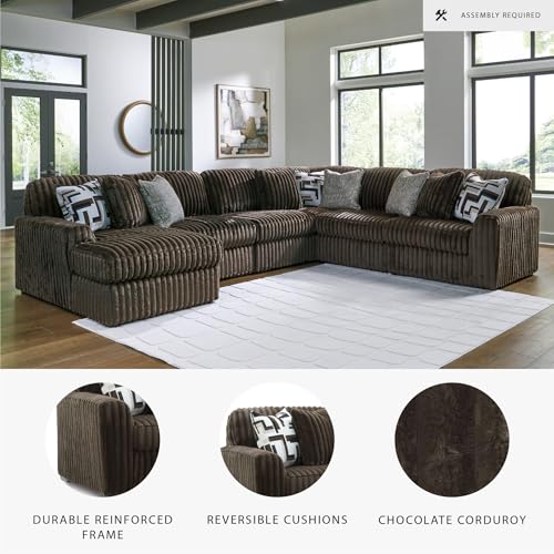 Image of Signature Design by Ashley 6-Piece Sectional Sofa, Corduroy, Chocolate | 100% polyester jumbo corduroy, U-shape layout, Anti-sag platform foundation, 9 accent pillows, Midnight-Madness