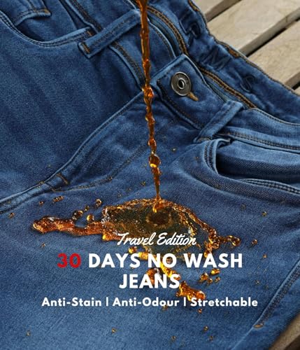 Image of TURMS Men's Anti Stain Jeans 30 Days No Wash Anti Odor Casual Mid Rise Denim Pants | Traveler Comfort Stretchable Breathable Cotton Rich