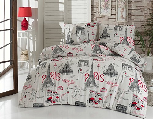 Bedding Set Paris Black and White with Duvet Cover, Cotton Eiffel Tower Lettering Bonjour Je Taime Design, Queen - 4 Pieces, Red
