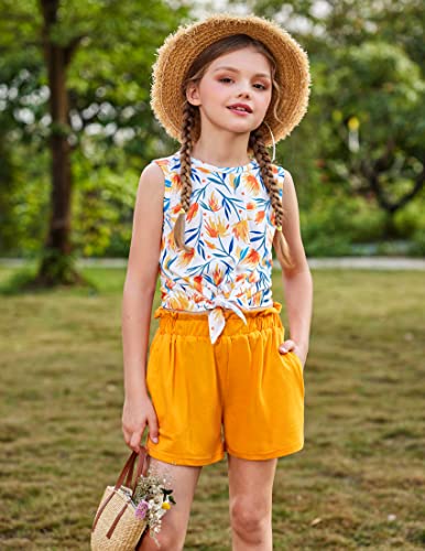 Image of Arshiner Girl's 2 Piece Outfits Tie Knot Tank Top and Paperbag Waist Pocketed Summer Short Sets