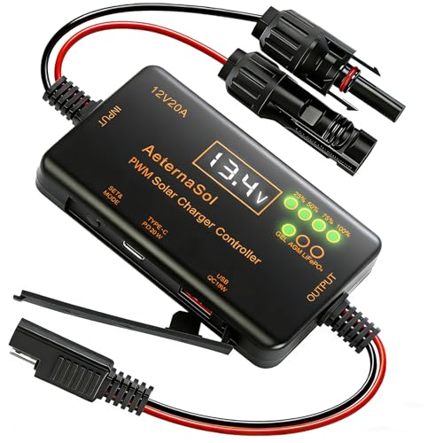AeternaSol PWM Solar Charge Controller 12V 20A Solar Panel with LCD Display Charge Controller for...
