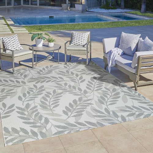 Gertmenian Indoor Outdoor Area Rug, Classic Flatweave, Washable, Stain & UV Resistant Carpet, Deck, Patio, Poolside & Mudroom, 5x7 Ft Standard, Palm Ginger Leaf, Cream Grey