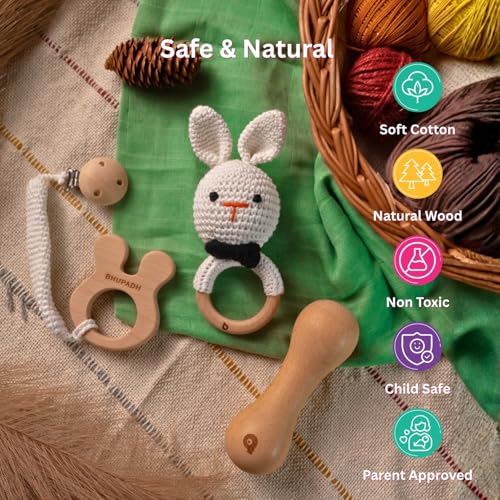 Image of Newborn Gift Box Rabbit Collection (0-12 Months) | 3-in-1 Set with Crochet Rattle, Wooden Dumbbell Rattle & Rabbit Teether | Montessori Baby Toy| BPA Free | Non-Toxic Cotton & Beechwood | Gift Box
