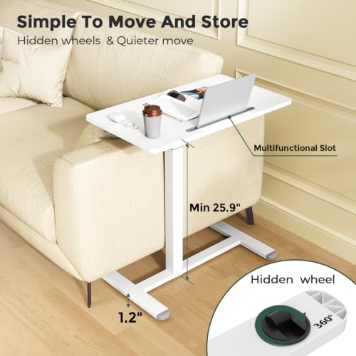 Image of Gibbon Mounts Mobile Standing Desk, Pneumatic Adjustable Rolling Desk(27.5 Inches), Portable Laptop Desk with Wheels, Overbed Bedside Table Laptop Table for Couch, Home, Office, White