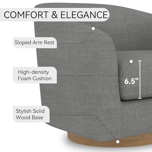 Image of Swivel Accent, Upholstered Modern Barrel-Curved Arm, Linen Fabric Comfty Sofa Solid Wood Base Reading Bedroom, Club Living Room Chair, Charcoal Grey