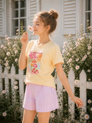 Image of Teen Girls Clothes 2 Piece Graphic T Shirt & Striped Shorts Outfit Set Summer Back to School Clothes Size 7-14