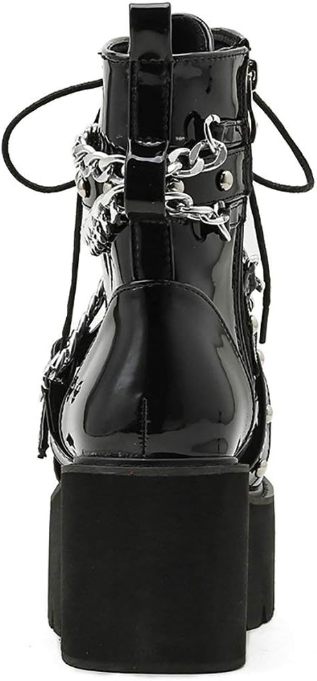 Parisuit Womens Goth Patent Ankle Boots Platform Chunky High Heel Lace Up Combat Boots Punk Short Booties - Image 7