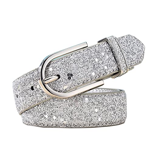 Elegantyl Damen Glitzer Gold Gürtel Damen Silber Pu Leder Taillengürtel Damen Casual Gürtel 80-115cm Jeans Gürtel, Silber, 90cm