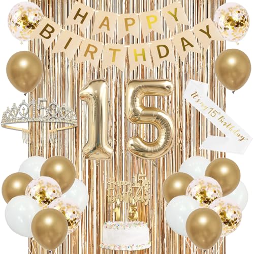 Image of Trgowaul 15th Birthday Decorations for Girls, Banner, Sash and Crown, Cake Topper, 15 Number Balloon, Fringe Curtains, Champagne Gold 15th Birthday Party Supplies