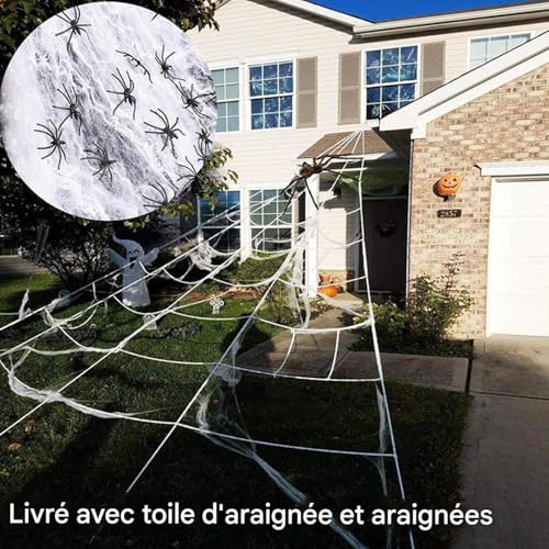 Toile d'araignée Halloween extensible avec araignée velue pour décoration extérieure - 8