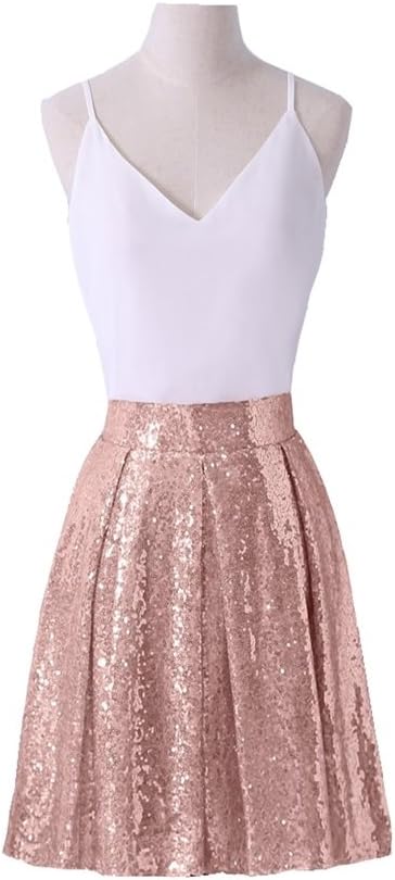 Women's Princess Zipper Colored Sequins Pleated Midi Flared Short Cocktail Skirts Rose Gold XXL