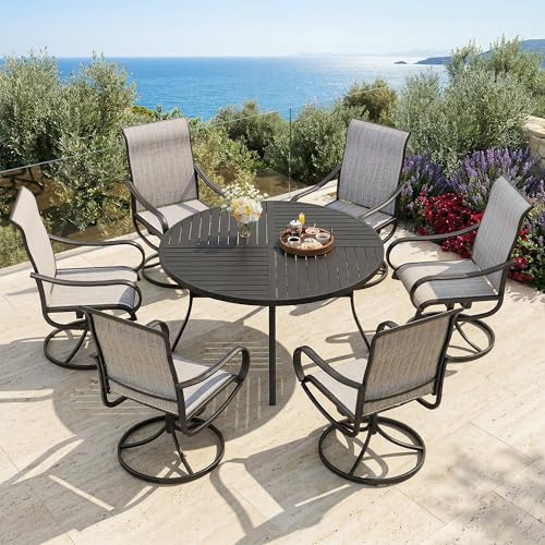 Image of PHI VILLA 7 Piece Outdoor Patio Dining Set with 6 Swivel Dining Chairs & 1 Large Round Dining Table, Gray Textilene Mesh Fabric Chair and 54 inch Metal Table for All Weather