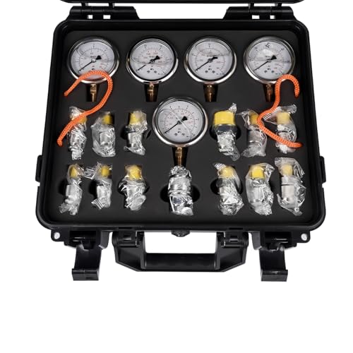 Hydraulikdruck-Testkit, 5 Messgeräte (10/100/250/400/600 bar), 13 Kupplungen, 14 T-Anschlüsse, 5 Testschläuche mit Tragetasche für Bagger-Traktoren-Maschinen Hopzty