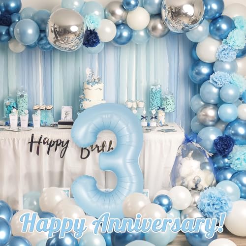 Image of Light Blue Number 3 Balloon, 40 Inch Big Large Foil Number Balloons, Giant Mylar Number 3 Balloons for 3 Year Old Birthday Baby Party Decorations Supplies Anniversary