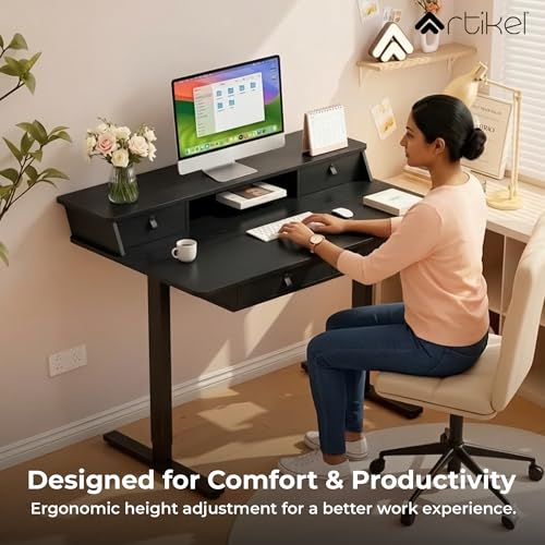 Image of ARTIKEL Valor Electric Height Adjustable Standing Desk with Storage Drawers & Shelves| Sit-Stand Desk for Home Office |Ergonomic Workspace Table| 120 * 69CM|Weight Capacity 80KG|Black