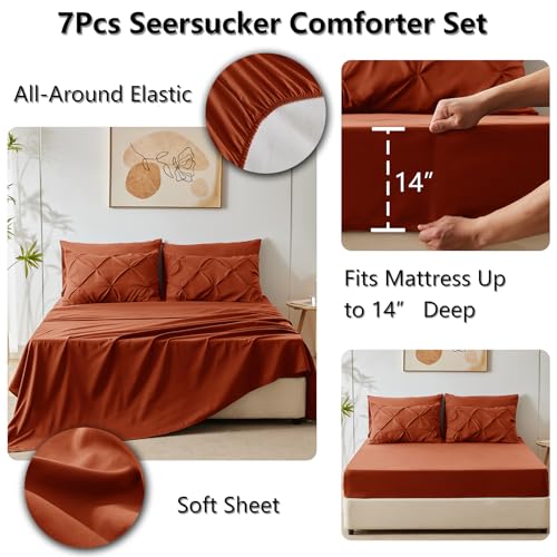CozyLux Full Size Comforter Sets Burnt Orange, 7 Pieces Pintuck Bed in A Bag Terracotta Comforter Full Size, Pinch Pleat Bedding Sets with All Season Comforter, Sheets, Pillowcases & Shams