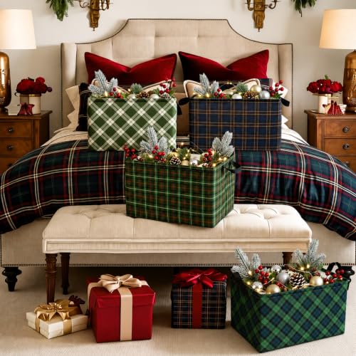 Image of Chunful 4 Pack Christmas Tartan Plaid Storage Baskets for Gifts Collapsible Green Tartan Decorative Laundry Storage Bins Foldable Box with Handles for Home Bedroom Office Holiday Clothes Containers