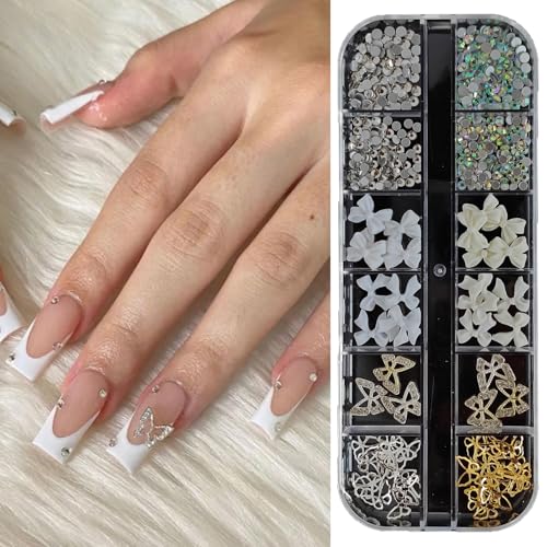 S.A.V.I 3D Nail Art Decoration Kit – 12 Section Box with White & AB Crystal Rhinestones, Bow Butterfly Designs, Flat-Back Glass Alloy Resin DIY Accessories, 31g Deal