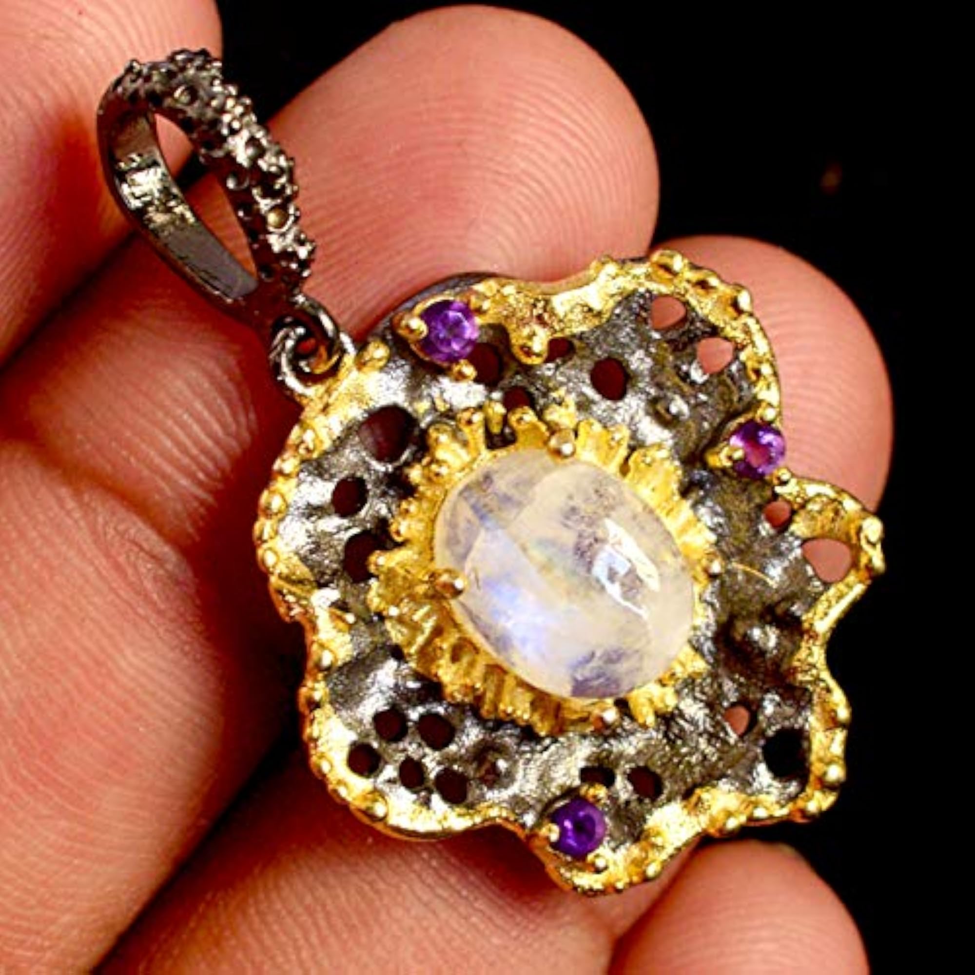 Genuine Rainbow Moonstone 925 Sterling Silver Contemporary Wedding Pendant