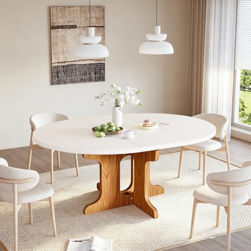 Mesa de comedor extensible, 90-120 cm, mesa redonda/ovalada, mesa de cocina de MDF para 2-8 personas, 75 cm de altura, mesa de comedor moderna para salón, cocina, base de madera cruzada, ahorra