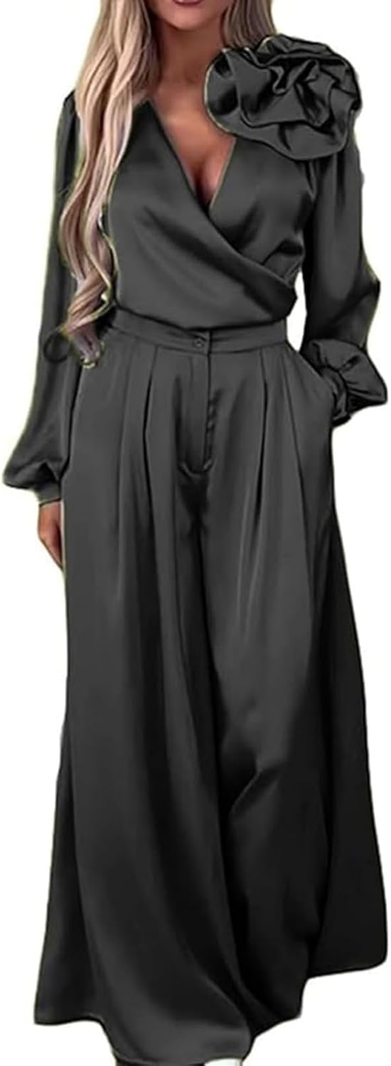 Women's 2 piece Sexy Luxurious and Elegant V-Neck Satin Long Sleeve Top Wide Leg Pants Set, With Solid Color Satin 3d Flower