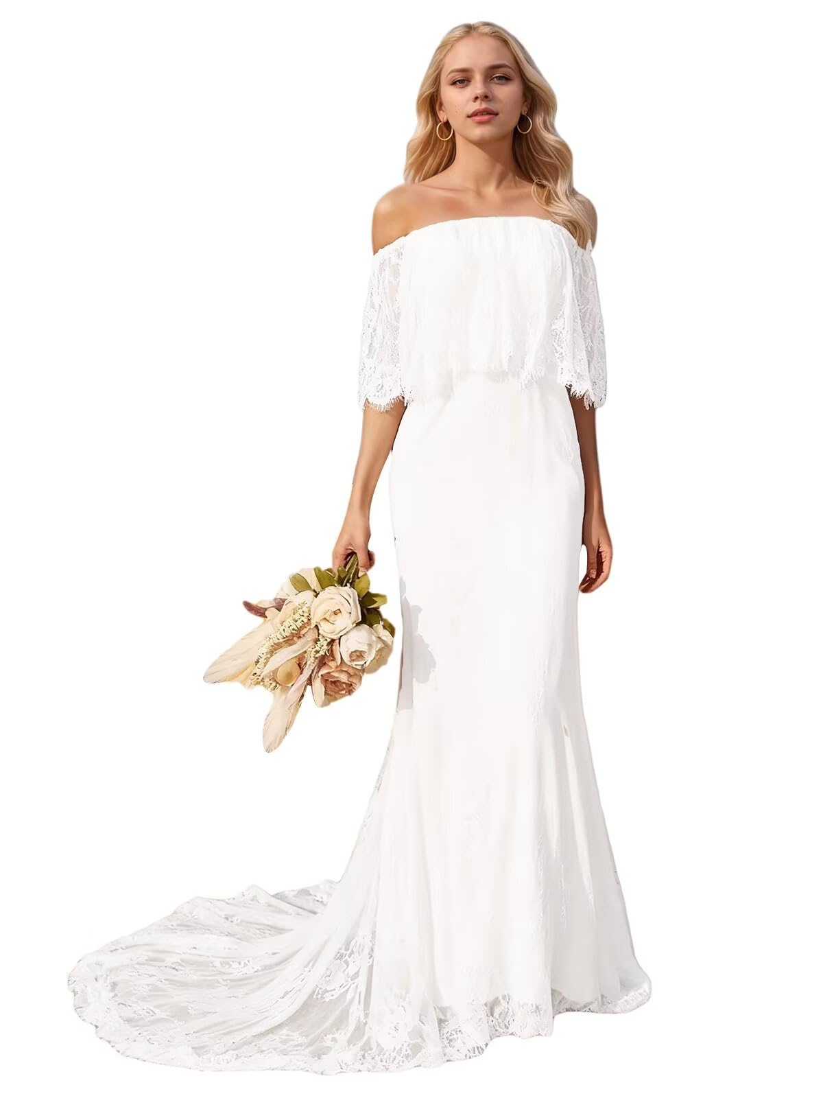 RYANTH Long Sleeve Boho Wedding Dresses for Bride Lace Appliques Chiffon A Line Beach Bride Dress for Women