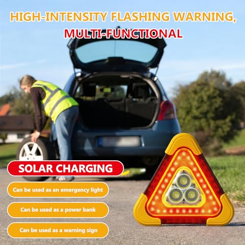 LED Warndreieck Auto Kfz mit Warnwesten Auto, 2-in-1 Solar Pannendreieck mit 4 Lichtmodi & SOS Funktion, Klappbares Tragbares Notfalllicht, Sicherheitsleuchte für Pannenhilfe,Auto,Camping & Reparatur