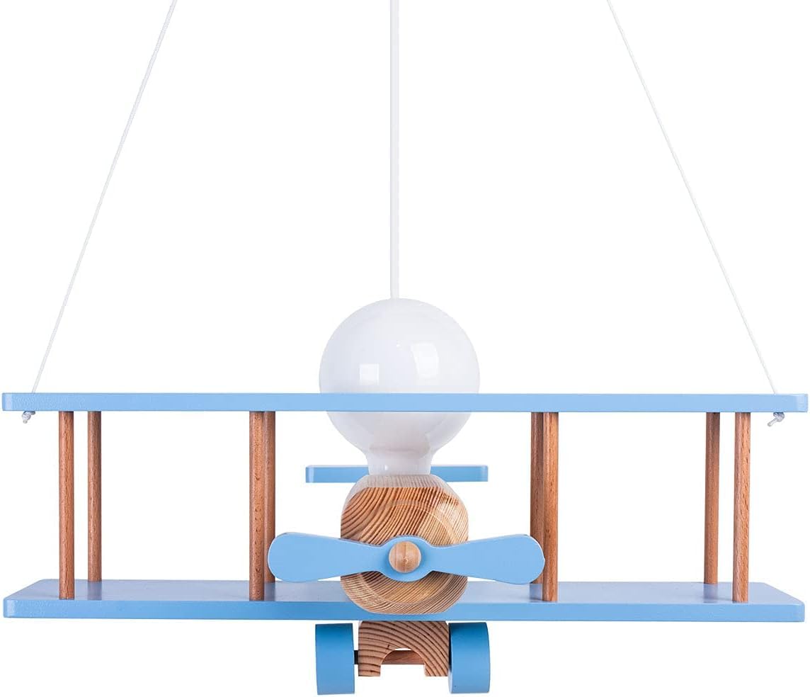 Hellux Lampada da Soffitto Cameretta in Legno | Plafoniera per Bambini | Lampada a Soffitto 75x42x45cm per Cameretta Neonato | Lampada Aereo E27 Senza Lampadina (Blu/Legno naturale)