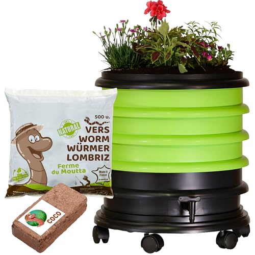 WORMbox | Lombricomposteur 3 plateaux Vert Anis + Jardinière + 250gr de Vers de Compost + 1 bloc Coco | 48 litres | Compostez vos déchets organiques, les vers de terre/lombrics/lombricompost