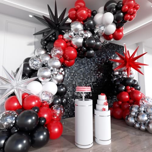 Image of Red Black and White Balloon Arch Kit, 201Pcs Explosion Star Red Black White Silver Latex Balloon Garland kit, Different Size Balloons for Anniversary Birthday Racing Car Poker Party Decoration