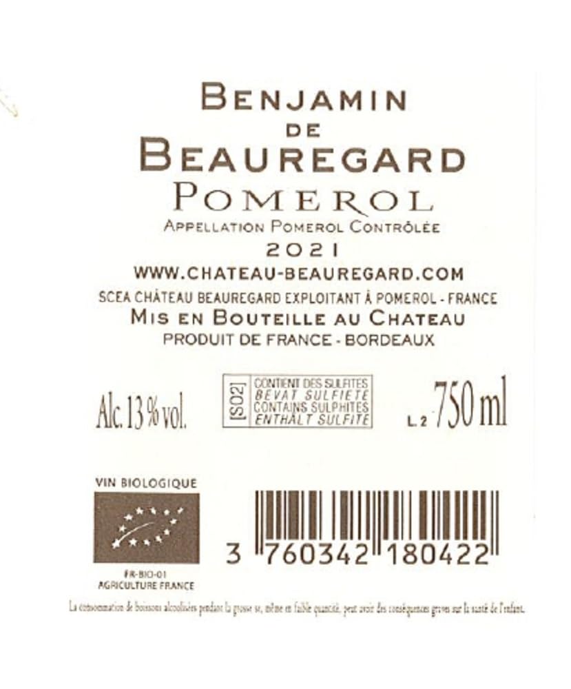 Benjamin de Beauregard - AOP Pomerol - Vin Rouge - Millésime 2021-1 bouteille x 75cl