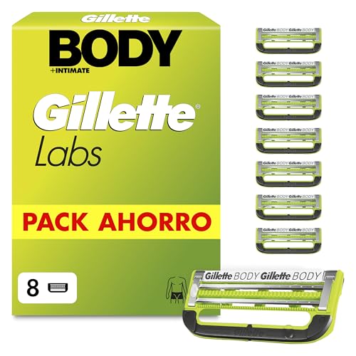 GilletteLabs Body + Intimate Cuchillas de Afeitar Cuerpo Y Zona Íntima Hombre, Pack De 8 - Recambios con 2 Hojas, Banda Lubricante, Barra Anti-Vellos Enquistados Y Anti-Irritación, Depilación Hombre