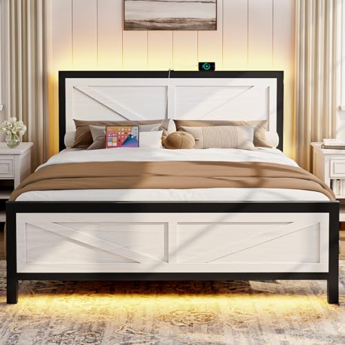 Siihnon King Size Rustic Bed Frame with Barn Door Headboard, LED Bed Frames with Charging Station, Industrial Platform Metal Bed Frames, No Box Spring Needed, Easy Assembly, White