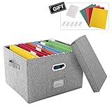 Decosis File Storage Organizer Box with Lid for Office, Collapsible Linen Organization with Hanging Folder for Home, Document Storage with Handles for School, Grey