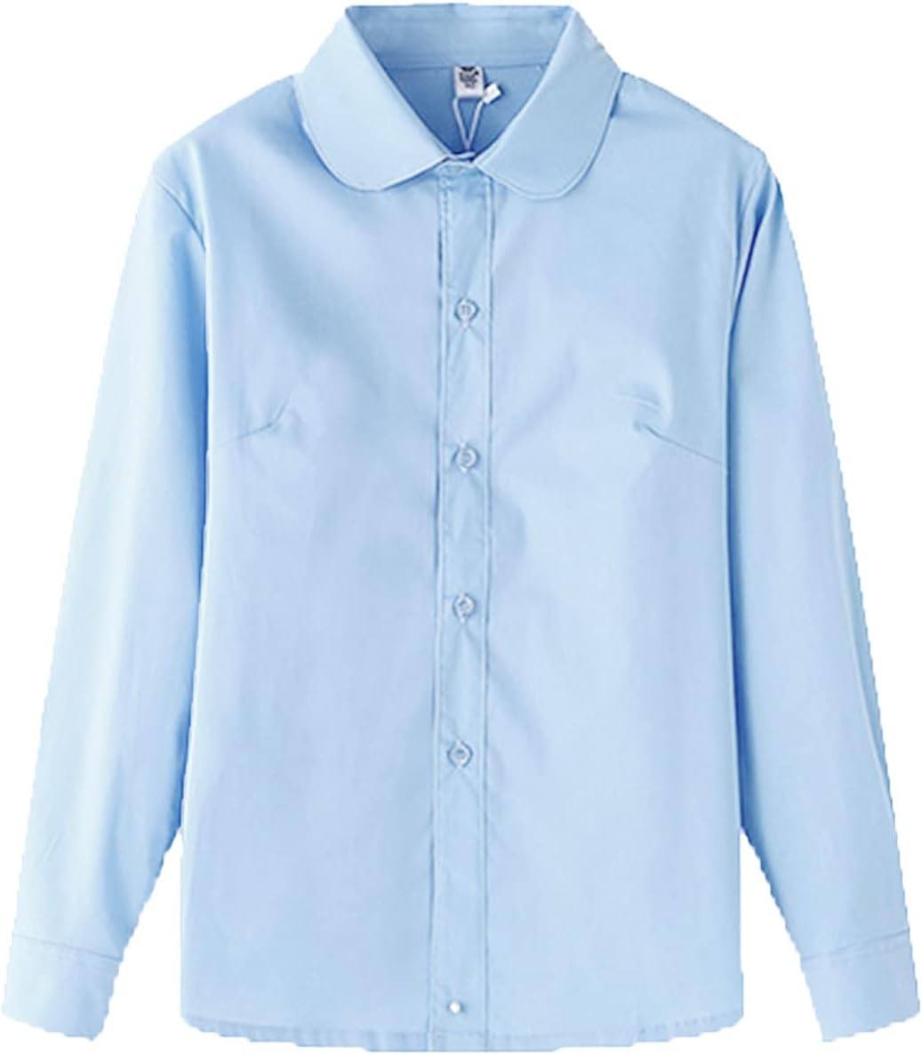 POLG Teen Kids Baby Girls Boys Long Sleeve White Shirts School Uniform Button Dress Shirts Tops Solid Blouse Formal Wear (Girls-Blue, 10-11 Years)