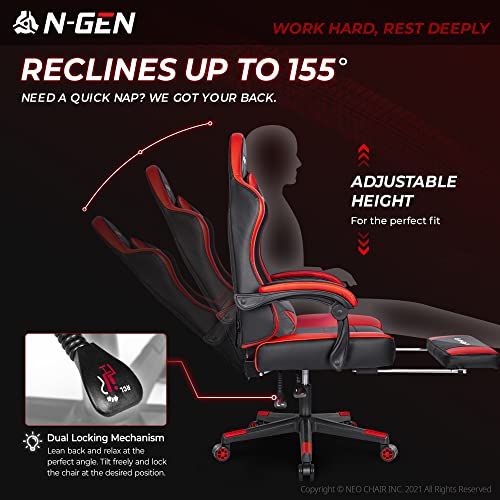N-Gen Gaming Chair With Footrest Levelled Seat Style Pu Leather Adjustable Ergonomic Lumbar Support High Back Office Swivel Computer Desk Headrest Design E-Sports Pc Gamer Height Reclining (3. Red) #TOP2