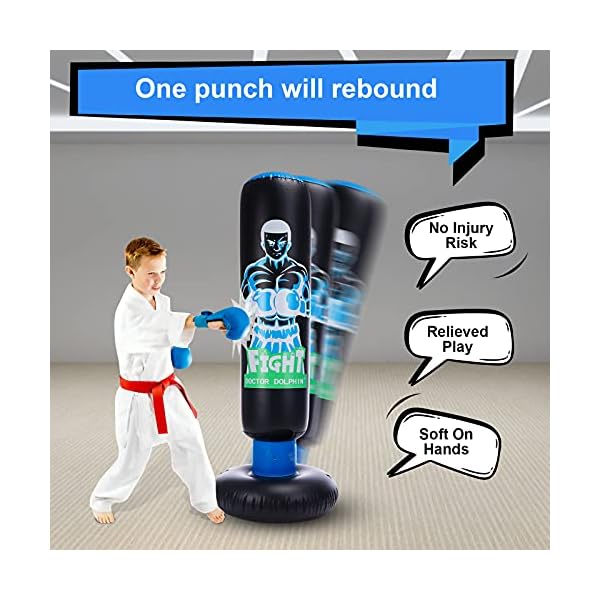 Inflatable Kids Punching Bag with Stand 63 inch with Stand Freestanding Punching Bag with Bounce Back Tall 63 inch Fitness Boxing Bag for Practice Kickboxing Taekwondo MMA Karate for Kids and Adults