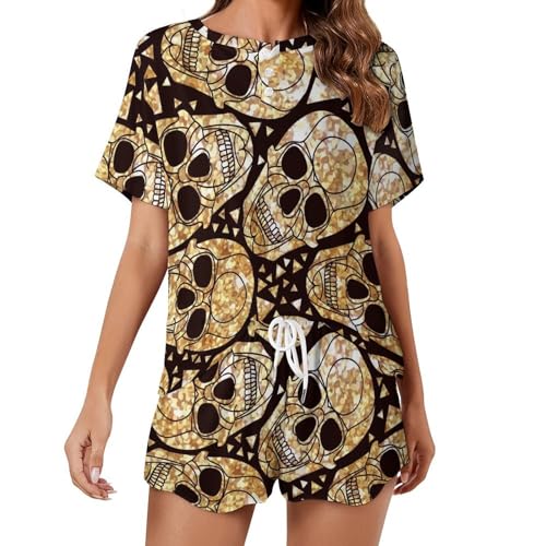 Pyjama femme manches courtes imprimé crânes d'or pour des nuits d'été stylées et cocooning