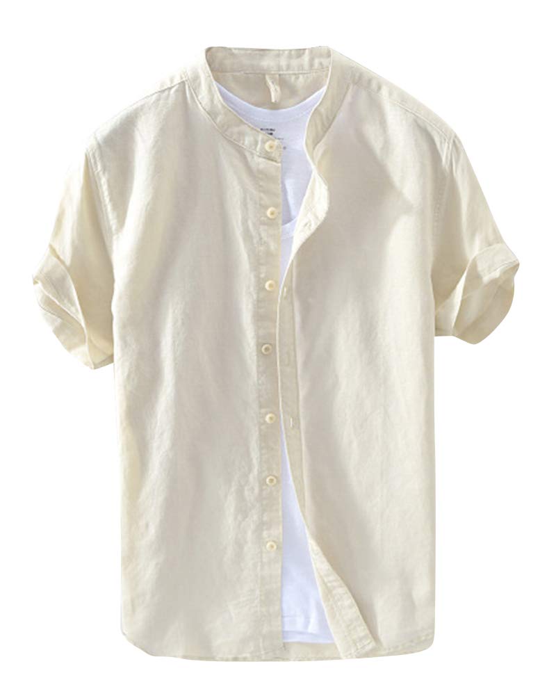 ShiFan Camisa De Lino Hombre Manga Corta Cuello Mao con Botones Caqui L