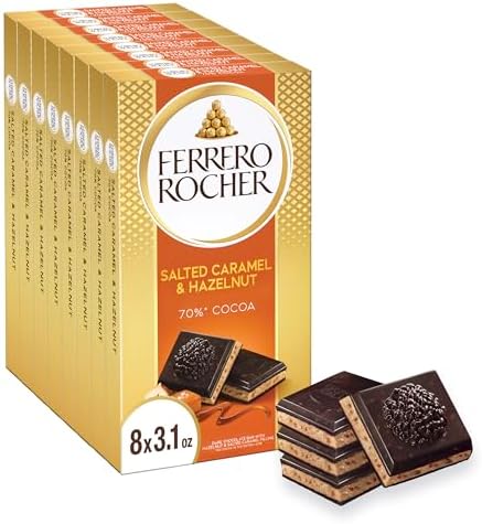Ferrero Rocher 70% Dark Chocolate Candy Bars, Salted Caramel Hazelnut, 8 Ct
