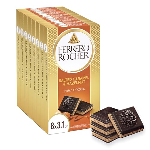 Ferrero Rocher Premium Chocolate Bar, 55% Dark Chocolate Hazelnut & Crunchy Salted Caramel, 8 Count, ​3.1 oz