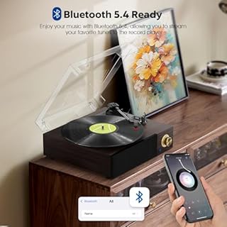 FYDEE Giradischi, con Supporto per Ingresso Bluetooth, Selezione a 3 Velocità (33/45/78 giri), Altoparlanti Stereo Integrati, Uscita RCA e Copertura Antipolvere - Ebano