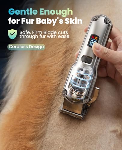 oneisall Dog Clippers for Grooming for Thick Heavy Coats/Low Noise Rechargeable Cordless Pet Shaver with Stainless Steel Blade/Waterproof Dog Shaver for Dogs Pets and Animals (Silver)