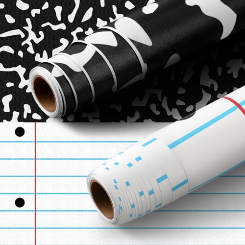 Drydiet 2 Pack Composition Notebook Peel and Stick Wallpaper Roll 1.4x10 ft Waterproof Black and White Classroom Decor, Bulletin Board Backing, Dry Erase Contact Paper for School, Office, Home