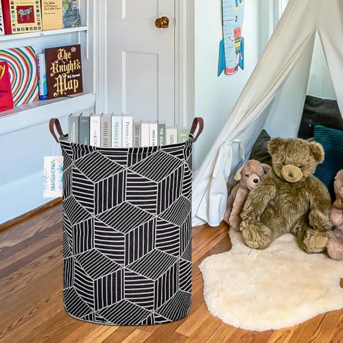 Image of Laundry Basket Canvas Fabric Collapsible Organizer Basket for Storage Bin Toy Bins Gift Baskets Bedroom Clothes Children Nursery Hamper (Black diamond)