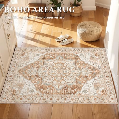 2x3 Small Entryway Doormat 2x3 Front Door Rug Indoor Entrance Kitchen Bathroom Carpet Farmhouse Non Slip Washable Low Pile Floor Carpet, Caramel/Beige/Multi
