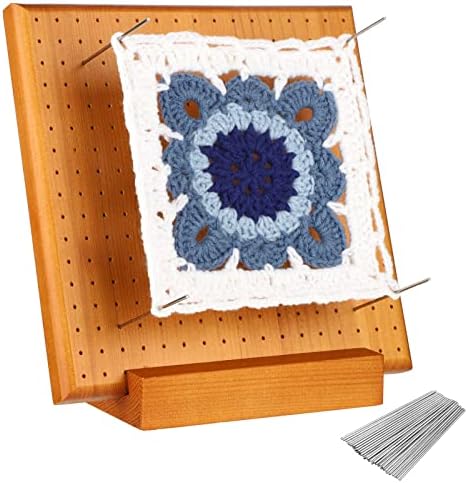 Wooden Blocking Board for Knitting and Crochet Projects, Handcrafted Granny Squares Blocking Board Mat with 50 Pcs 4 Inches Stainless Steel Pins and Knitting Stand, Gifts for Crocheters, 8 Inches