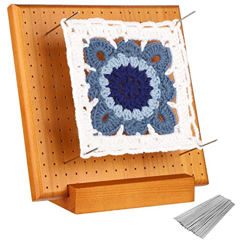 Wooden Blocking Board for Knitting and Crochet Projects, Handcrafted Granny Squares Blocking Board Mat with 50 Pcs 4 Inches Stainless Steel Pins and Knitting Stand, Gifts for Crocheters, 8 Inches