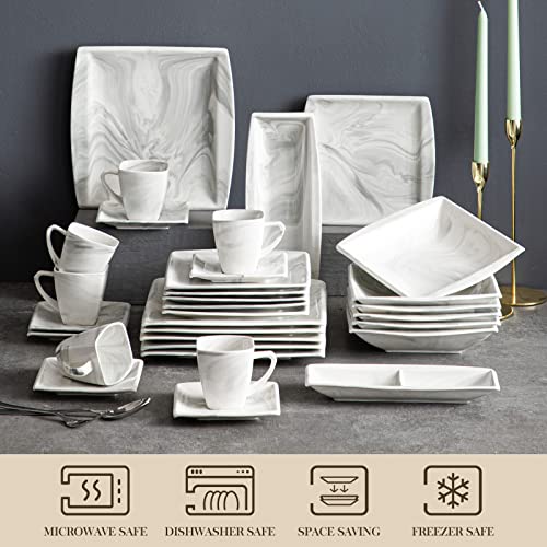 Malacasa Square Dinnerware Sets, 32-Piece Porcelain Plates And Bowls Sets For 6, Marble Grey Dish Set With Dinner Plate Set, Dishes, Cup And Saucer, Side Dish Plates, Modern Dinner Set, Series Blance #TOP3