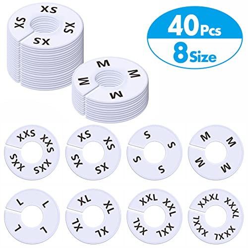 Vantasii 40 Pack Round White Plastic Clothing Size Closet Rack Dividers Hangers, Preprinted in 8 Sizes XXS, XS, S, M, L, XL, XXL, XXXL (Outer 3.5”, Inner Diameter 1.38”)